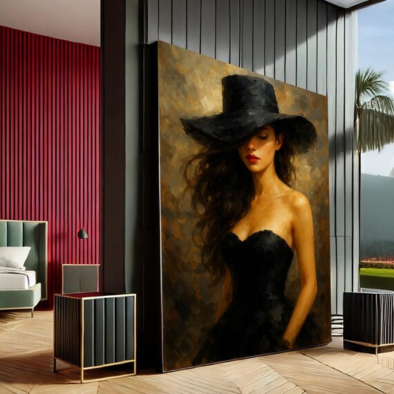 Elegant Woman in Black Hat Dark Moody Oil Style Portrait Poster