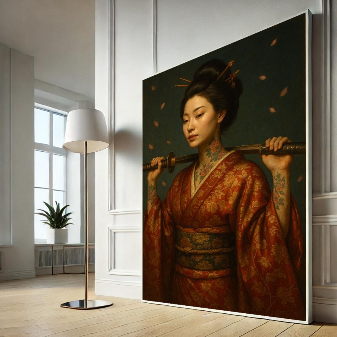 Geisha Red Kimono Katana Falling Petals Dark Elegant Japanese Wall Art