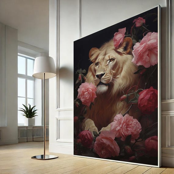 Majestic Lion In Roses Canvas Wall Art Print Boho Living Room Decor Statement Piece