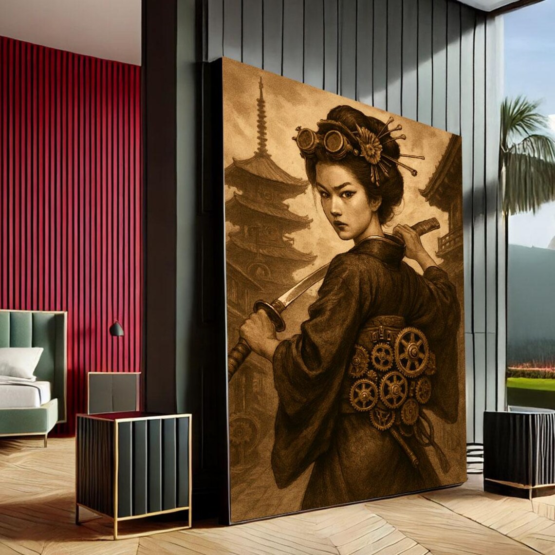 Steampunk Geisha with Katana Pagoda Sepia Tone Japanese Art Poster