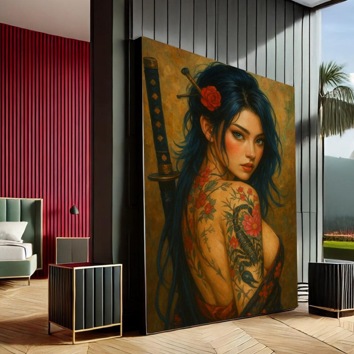 Tattooed Samurai Woman Katana Portrait Earthy Floral Japanese Art Print