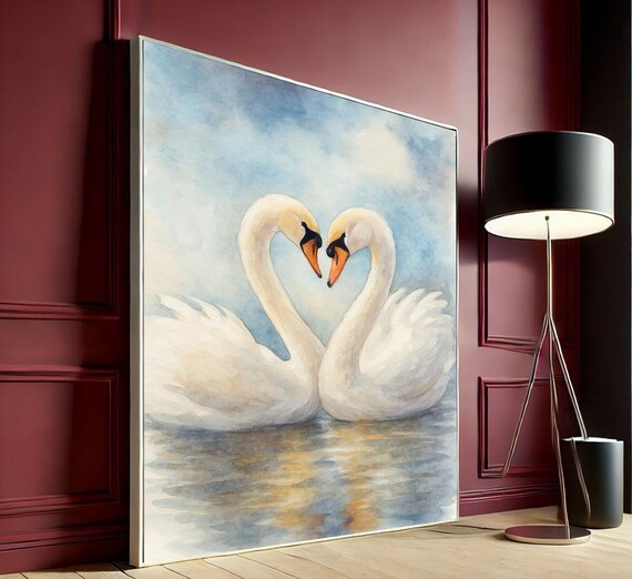 Elegant Swans Embracing Heart Shape Romantic Watercolor Wall Art