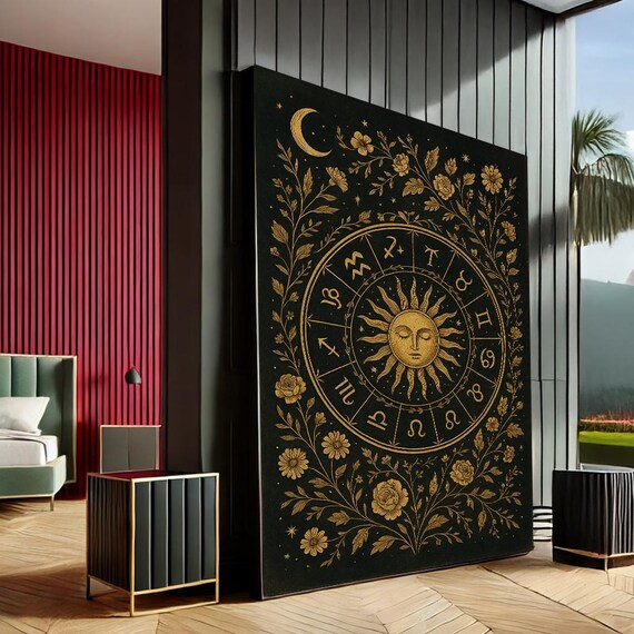 Mystical Zodiac Sun Modern Canvas Wall Art Print Black Gold Living Room Decor Statement Piece