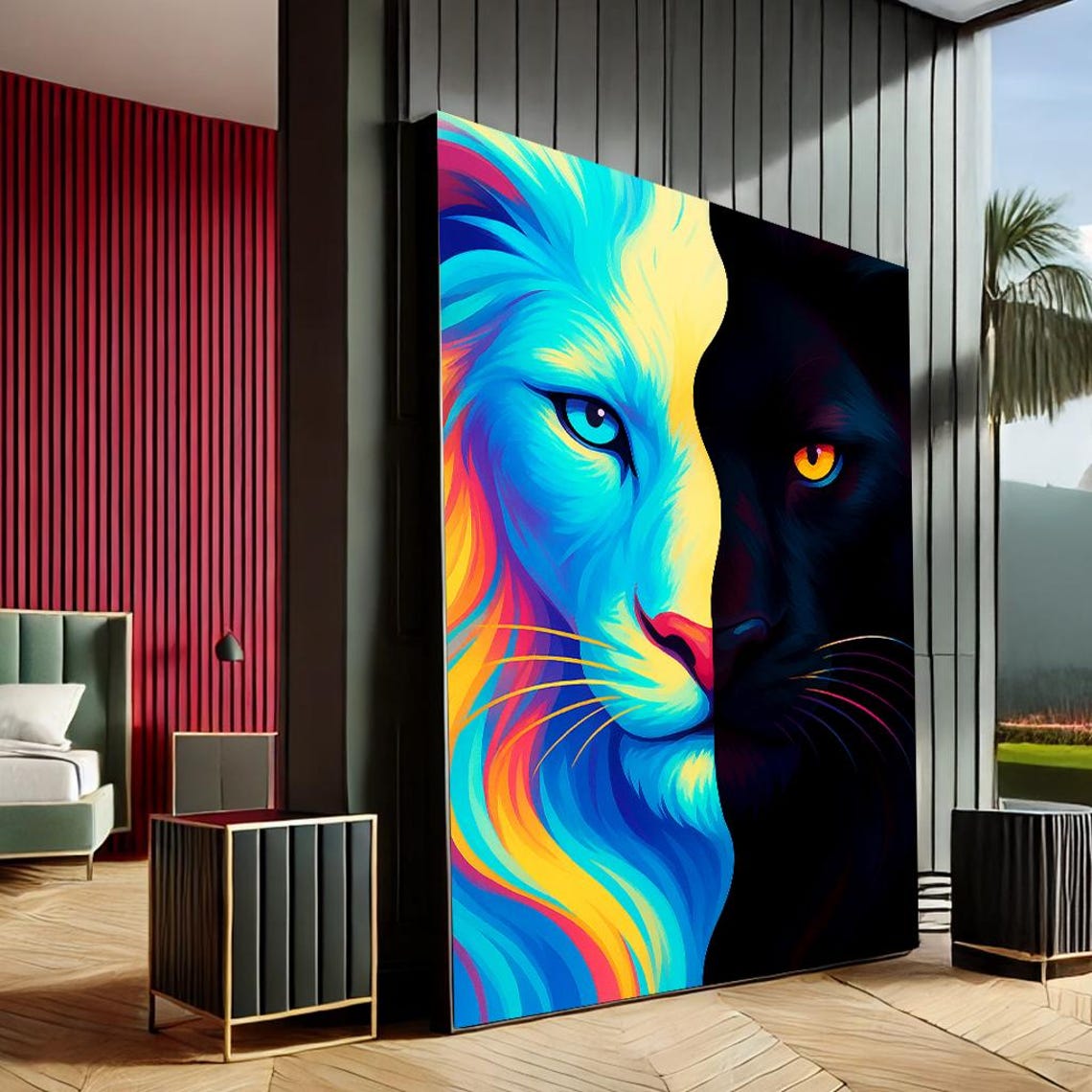 Vibrant Lion Panther Pop Art Canvas Wall Print Multicolor Living Room Decor Statement Piece
