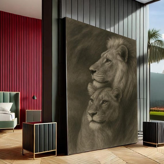 Elegant Lion Pair Realism Canvas Wall Art Print Sepia Tones Living Room Decor Statement Piece