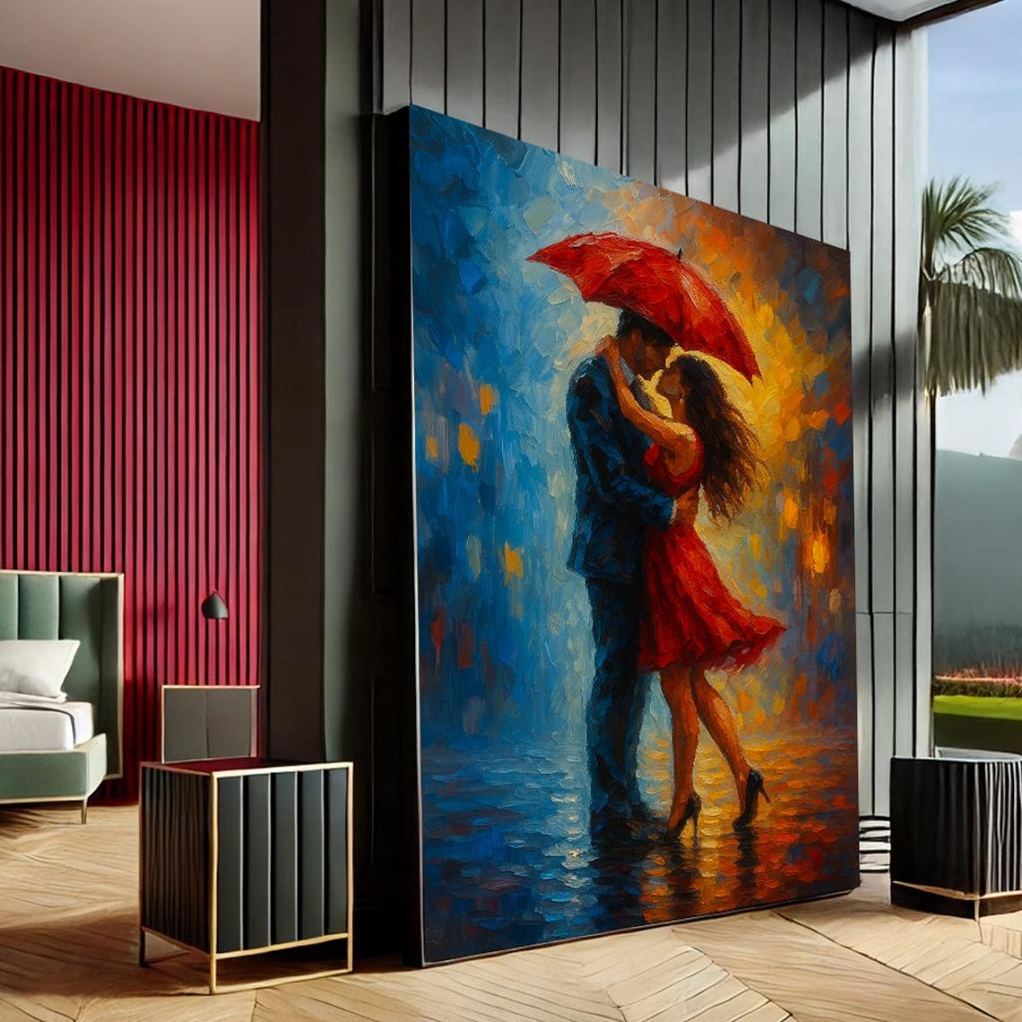 Romantic Couple Red Umbrella Rain Impressionist Love Painting Print