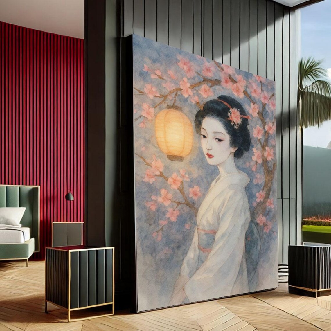 Romantic Japanese Geisha Cherry Blossom Lantern Pastel Canvas Print
