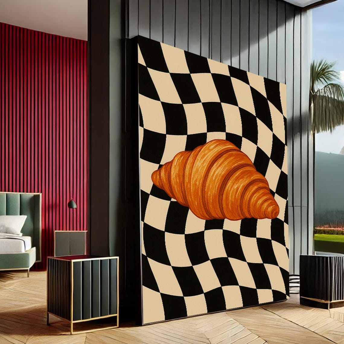 Giant Croissant On Wavy Checkerboard Surreal Retro Food Art Poster