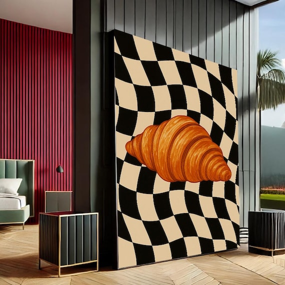 Giant Croissant On Wavy Checkerboard Surreal Retro Food Art Poster