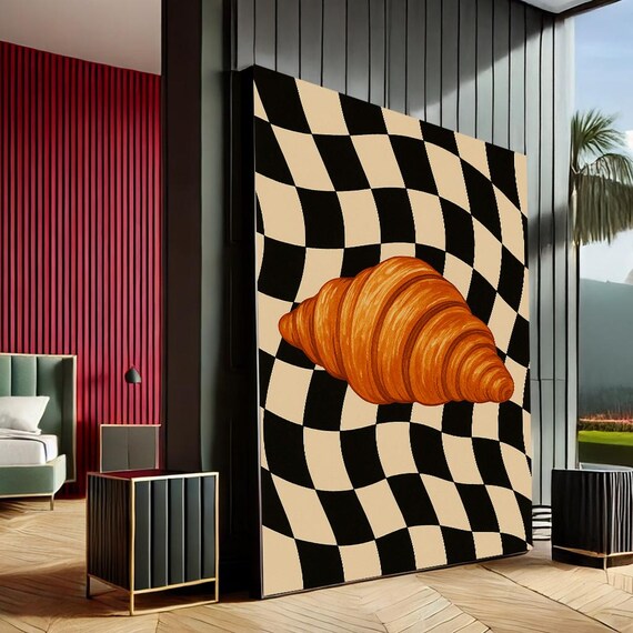 Surreal Croissant Modern Canvas Wall Art Print Black Beige Kitchen Decor Statement Piece
