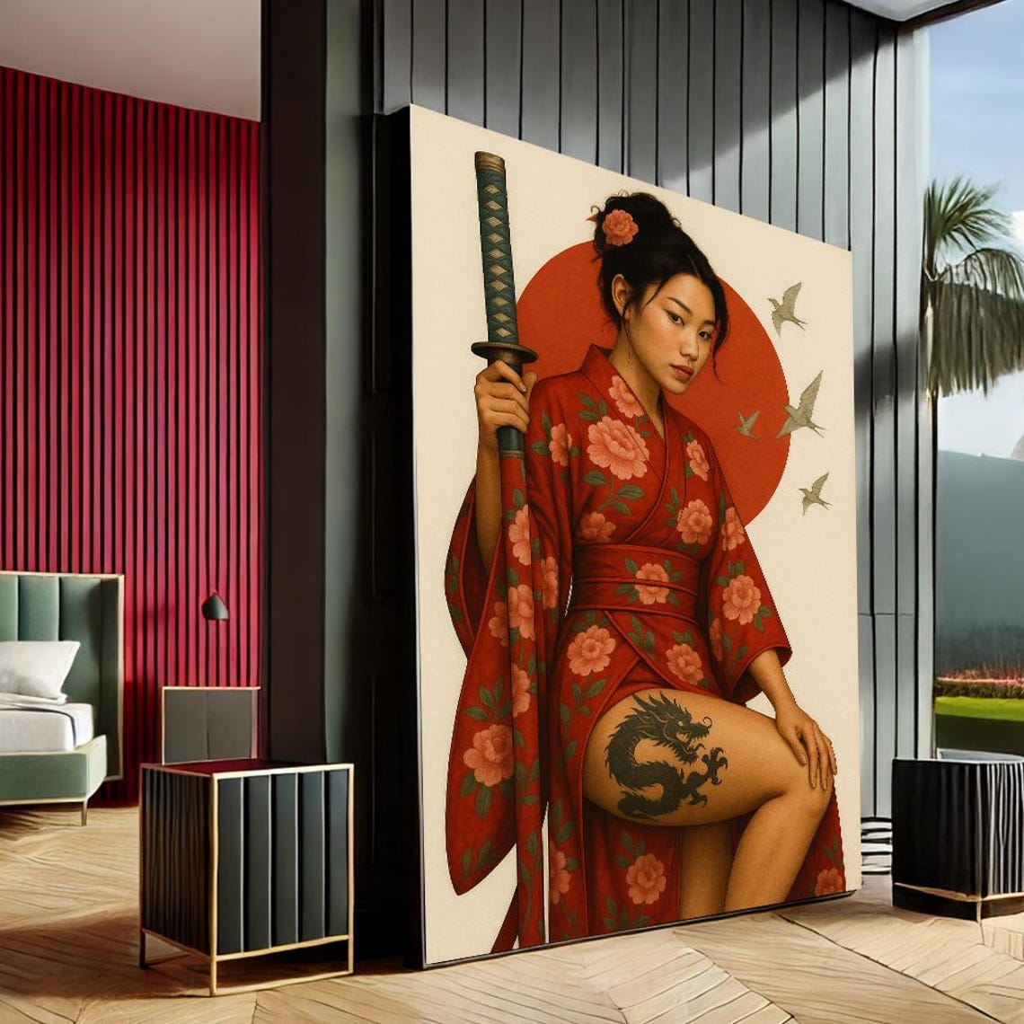 Kimono Woman With Katana Dragon Tattoo Japanese Warrior Wall Art