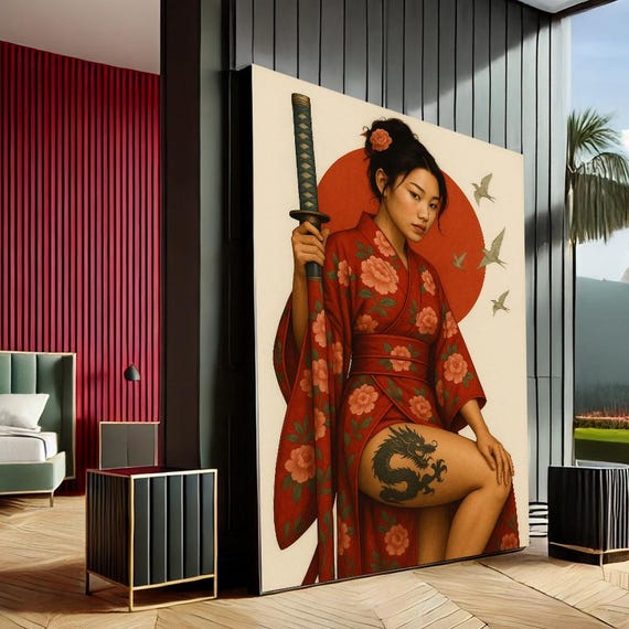 Empowering Samurai Woman Modern Canvas Wall Art Print Red Beige Living Room Decor Statement Piece