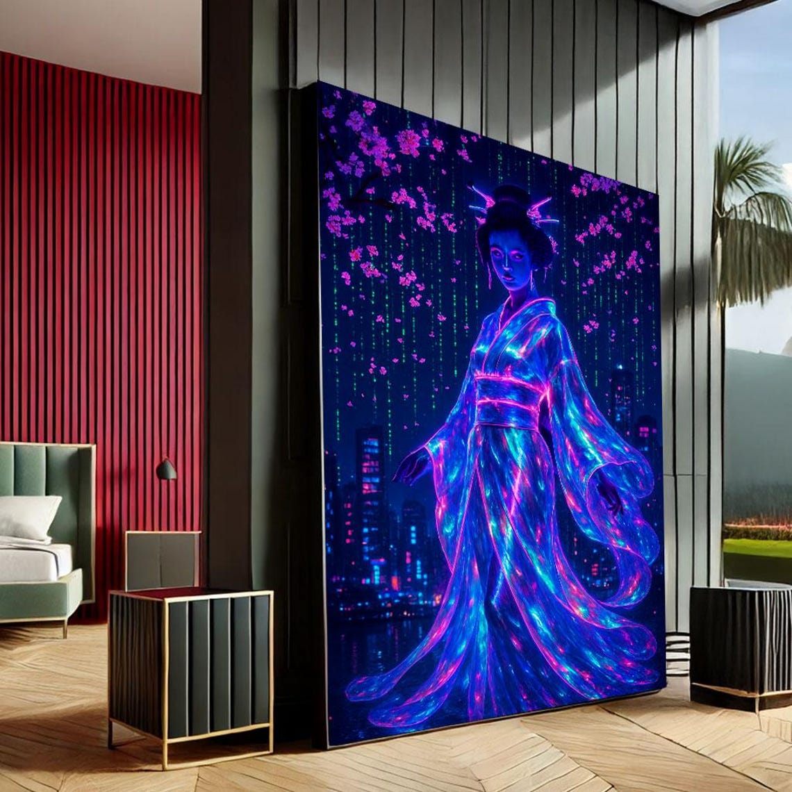 Neon Geisha in Glowing Kimono Cherry Blossoms Cyberpunk Wall Poster