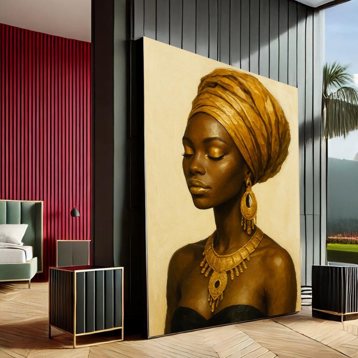 African Woman in Gold Headwrap Elegant Portrait Black Beauty Poster