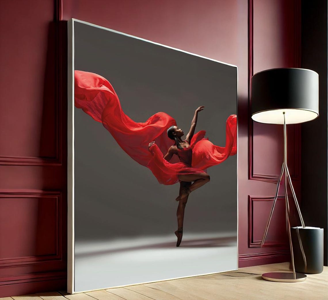 Black Ballerina Red Flowing Dress Dance Movement Elegant Wall Art