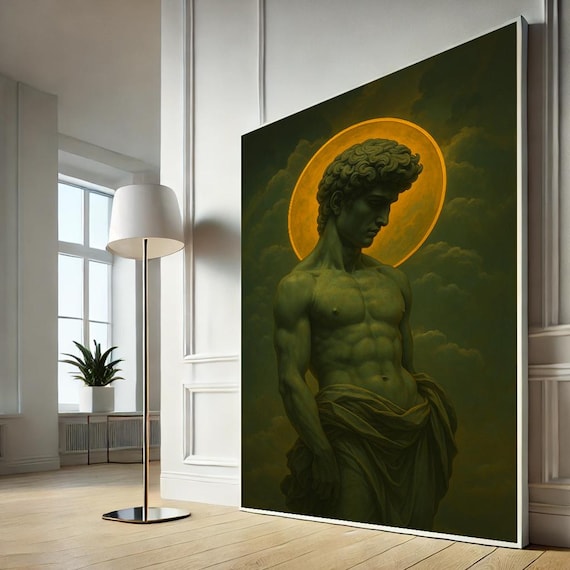 David Inspired Classical Statue Halo Green Renaissance Art Poster