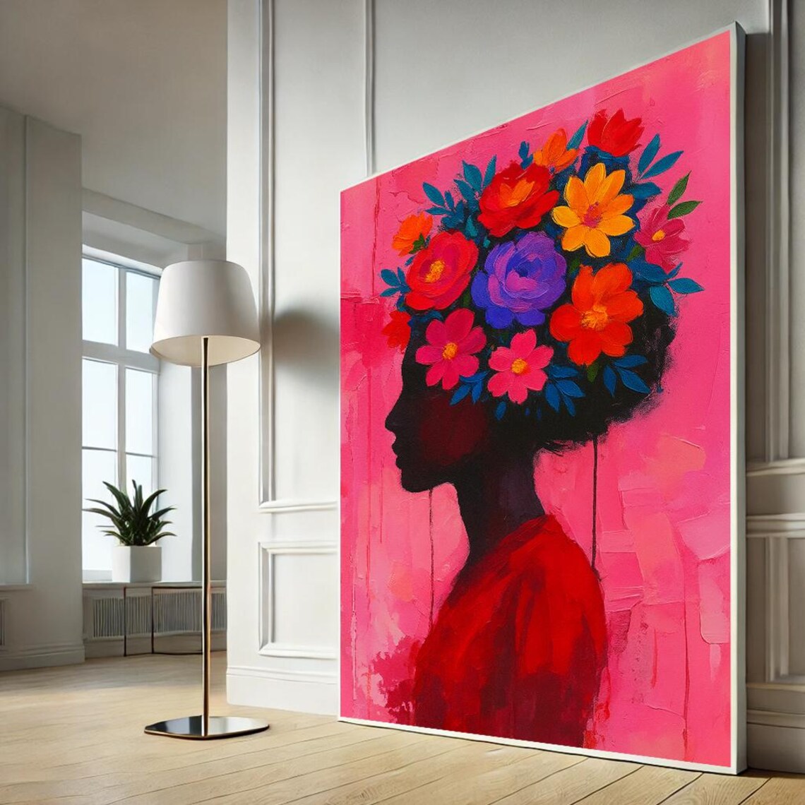 Floral Woman Silhouette Vibrant Flowers Hot Pink Modern Canvas Wall Art