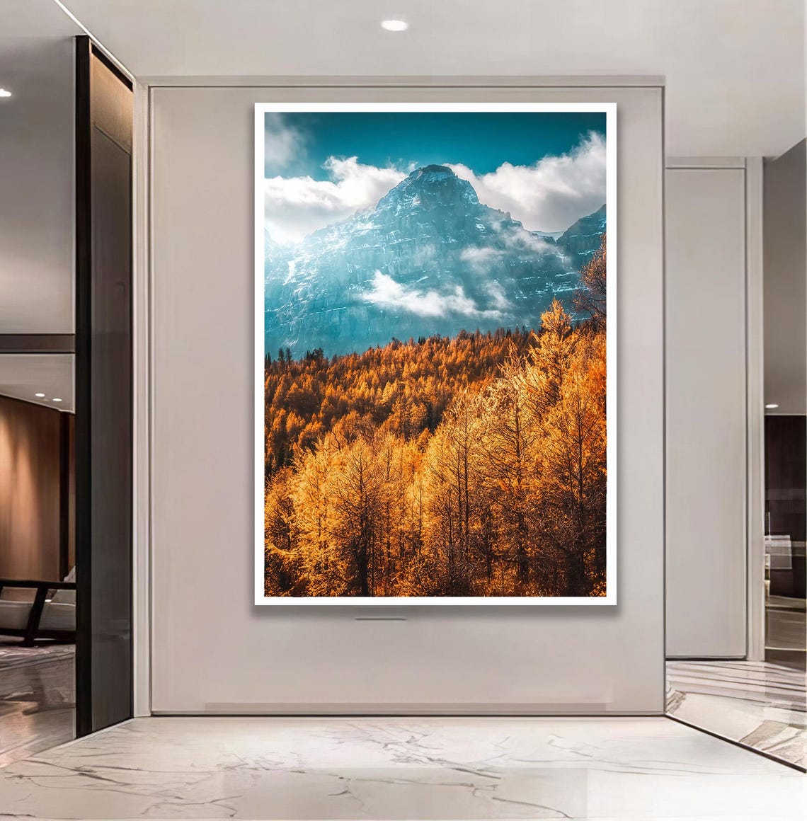 Golden Autumn Forest With Majestic Mountain Cloud Wrapped Landscape Canvas Art