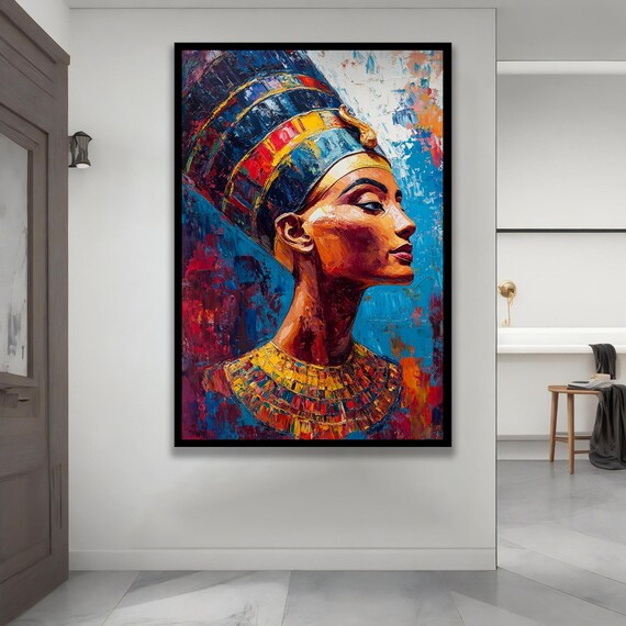 Queen Nefertiti Egyptian Profile Colorful Oil Painting Portrait Wall Art
