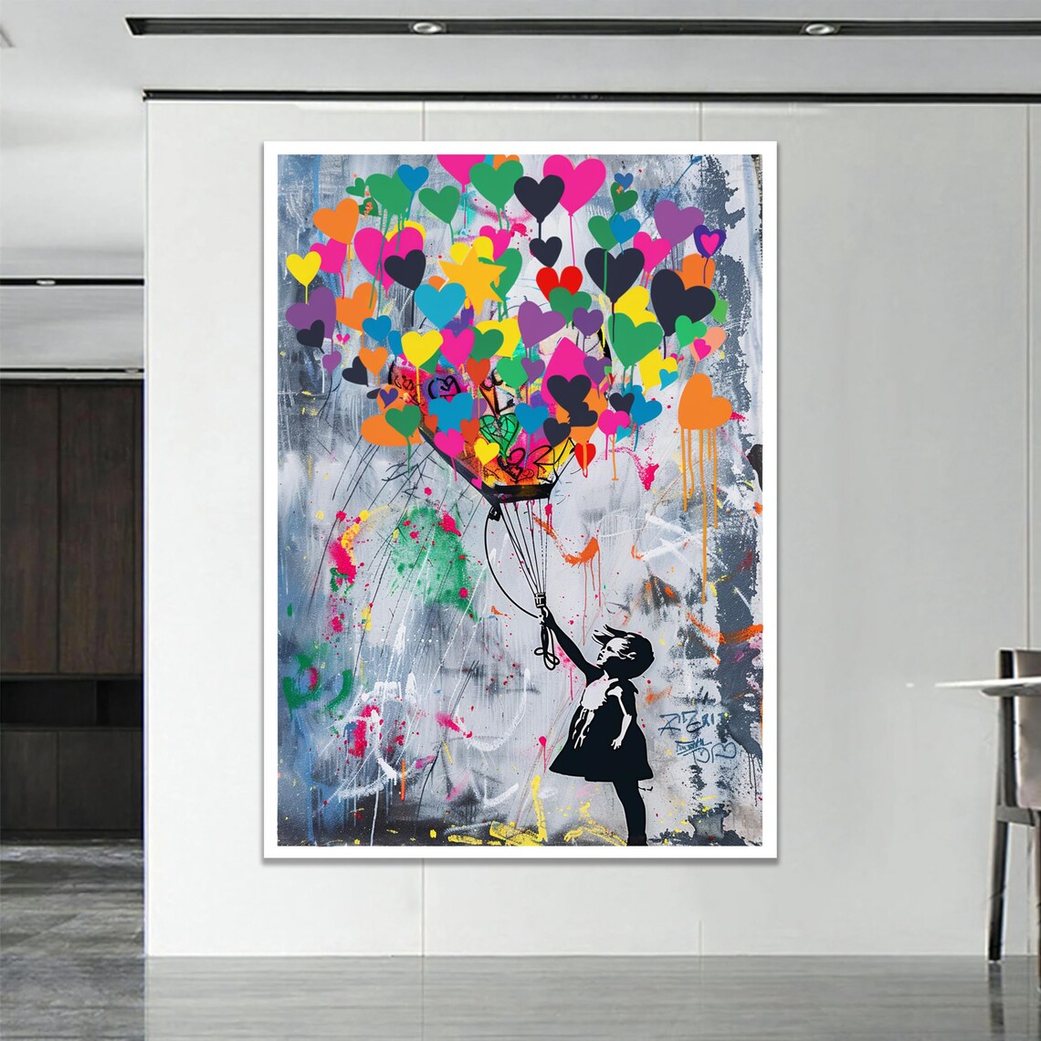 Girl With Heart Balloons Street Art Colorful Graffiti Poster