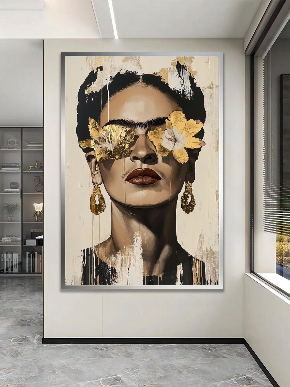 Frida Kahlo Inspired Gold Floral Portrait Bold Beauty Art Poster