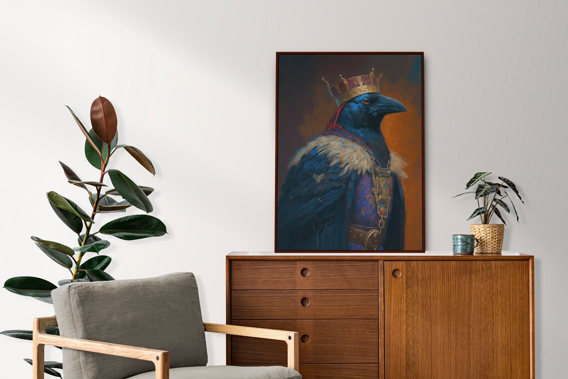 Raven Royal Portrait Crowned Bird Baroque Animal King Art Print