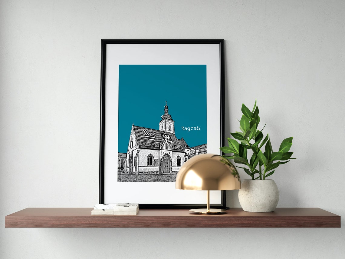 Zagreb Croatia Checkered Church Color Block Poster Custom Sky Color - Image 3