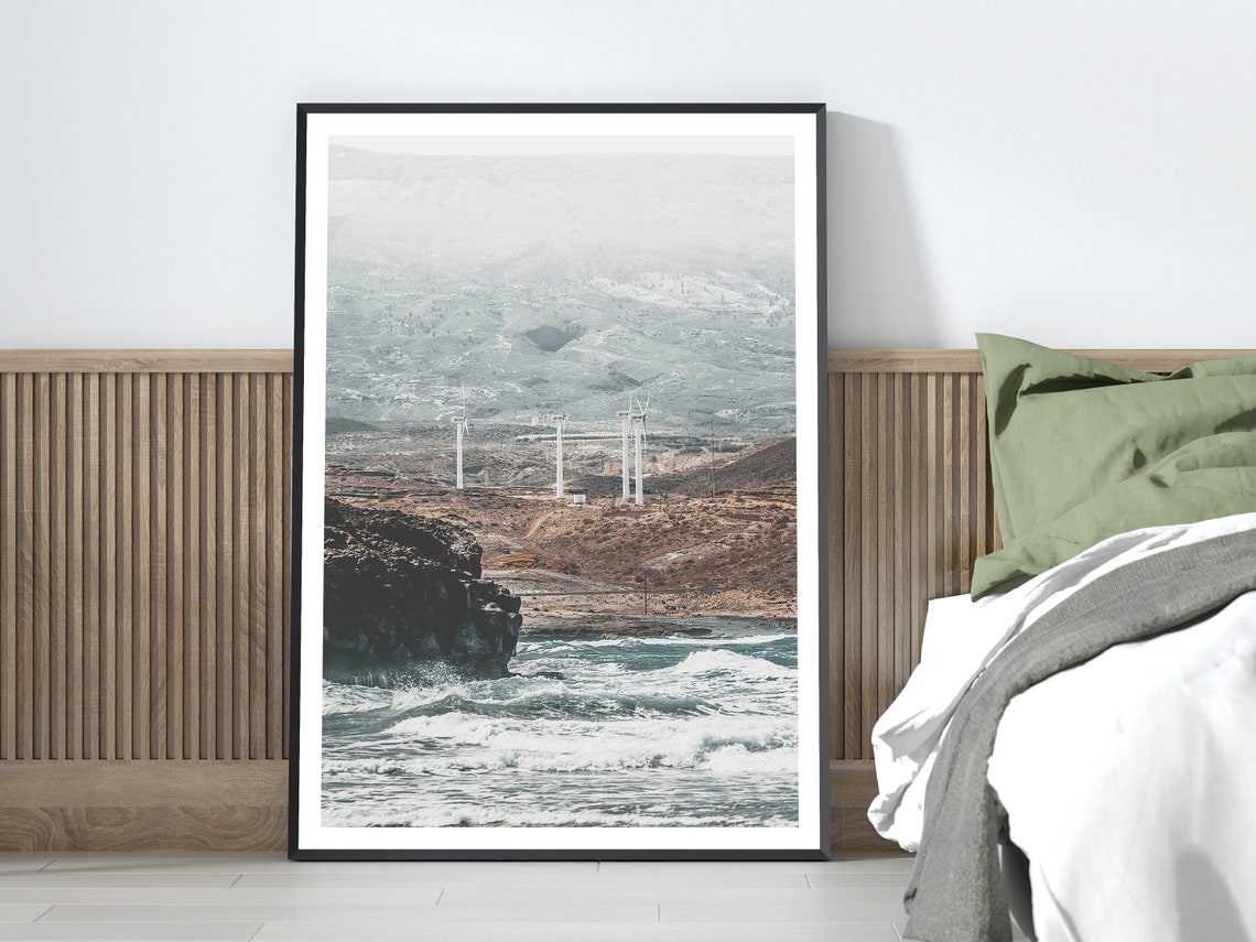 Wild Coastal Cliffs Crashing Waves Wind Turbines Landscape Poster - Image 3