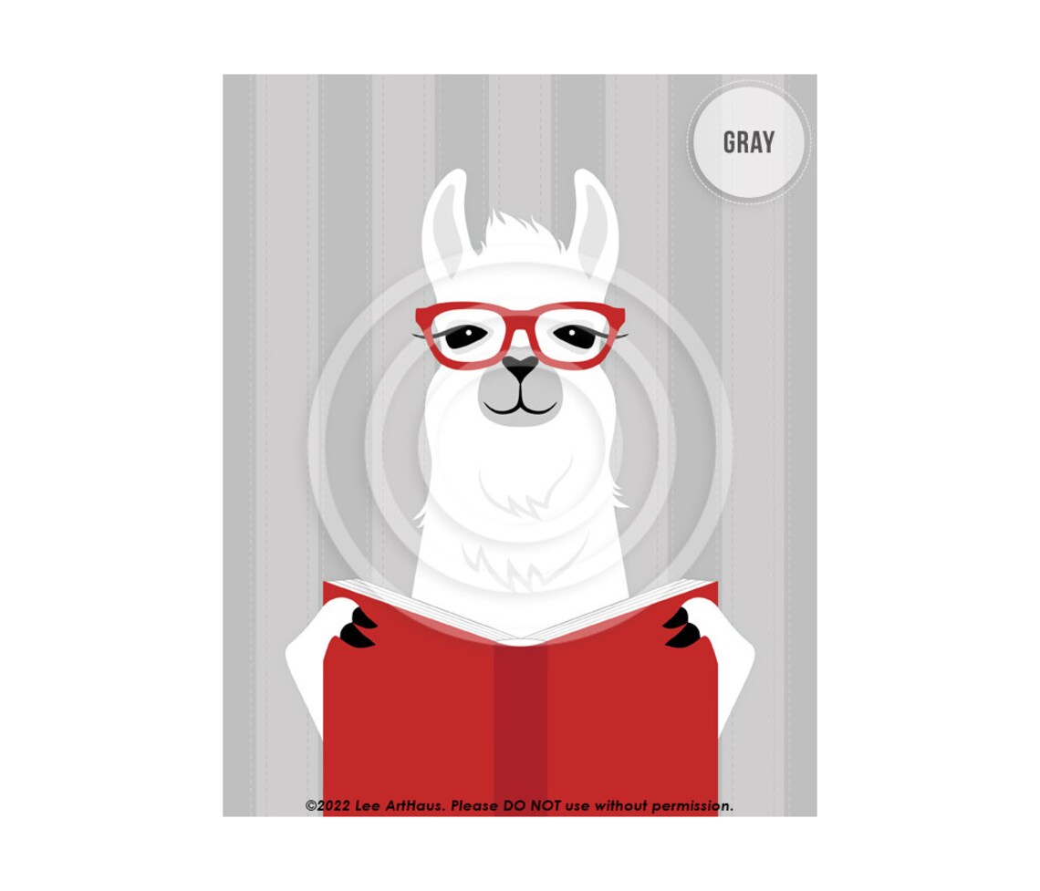 White Llama Red Glasses Reading Red Book Cute Library Decor Wall Poster - Image 3