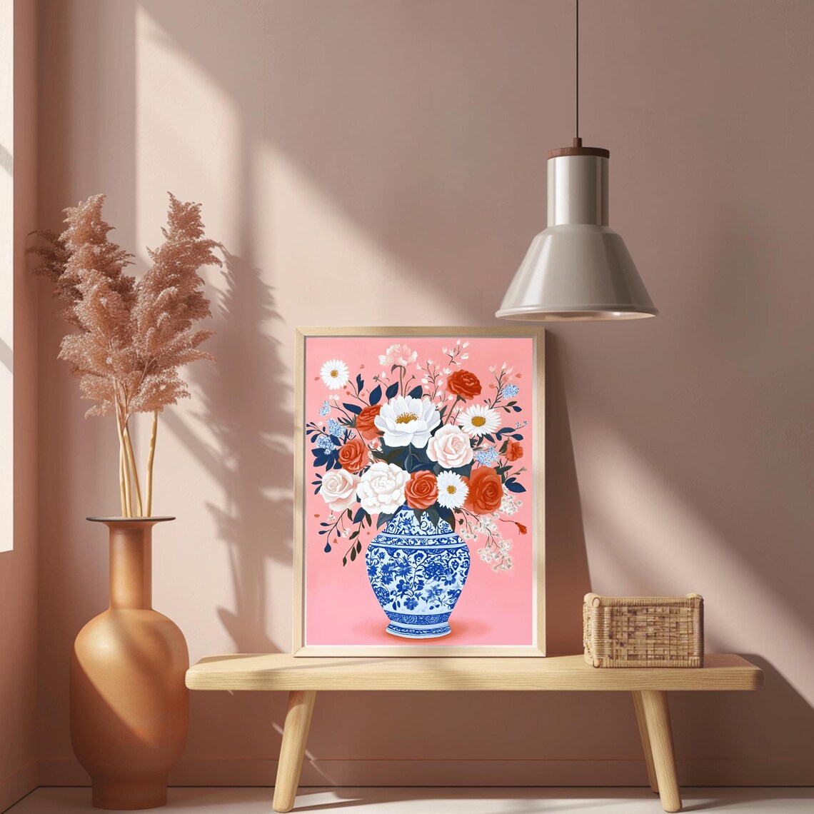 Chinoiserie Porcelain Vase with Pink Roses Blue White Floral Poster - Image 2