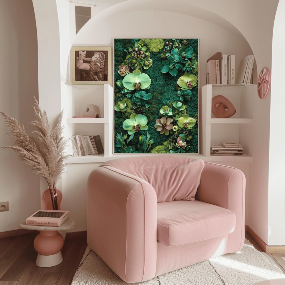 Green Orchids and Succulents on Teal Moss Wall Garden Poster - Image 3