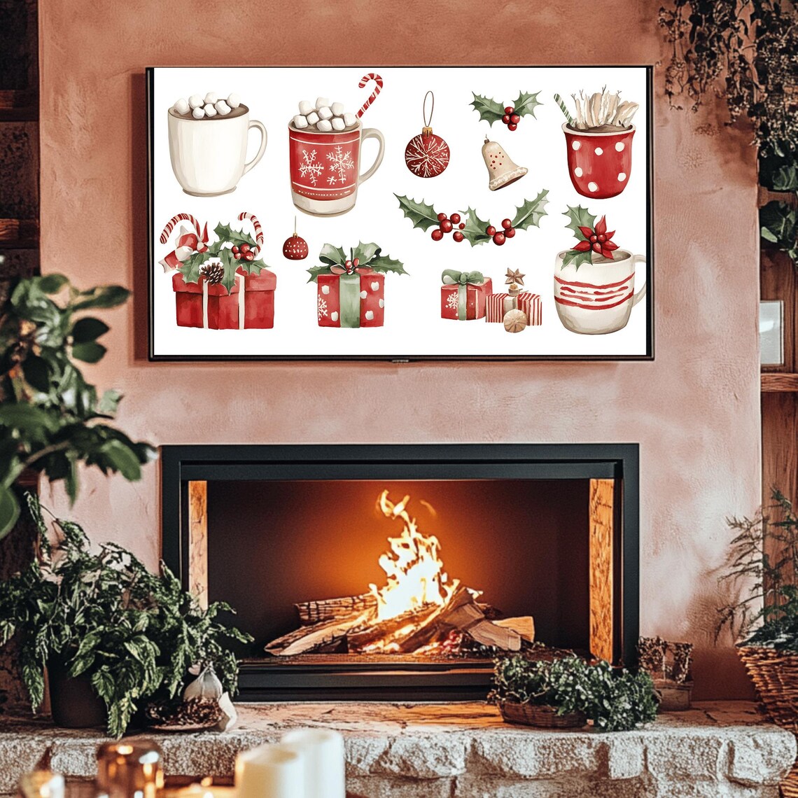 Watercolor Hot Cocoa Mugs Gifts And Holly Christmas Scene Poster - Image 3
