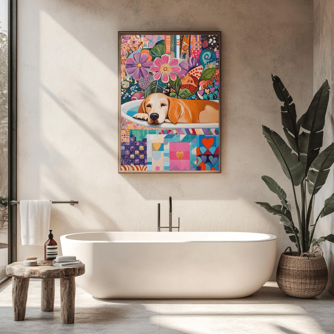 Golden Retriever Puppy Relaxing in Floral Patchwork Tub Art Poster - Image 2