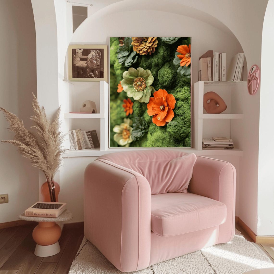 Orange Poppies and Gold Pinecone on Green Moss Floral Wall Poster - Image 3