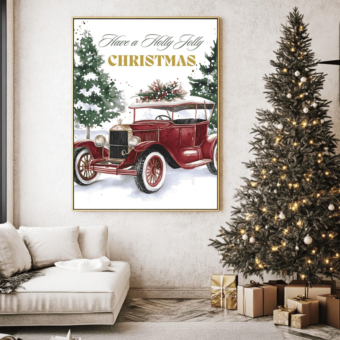 Have a Holly Jolly Christmas Snowy Red Vintage Touring Car Poster - Image 2