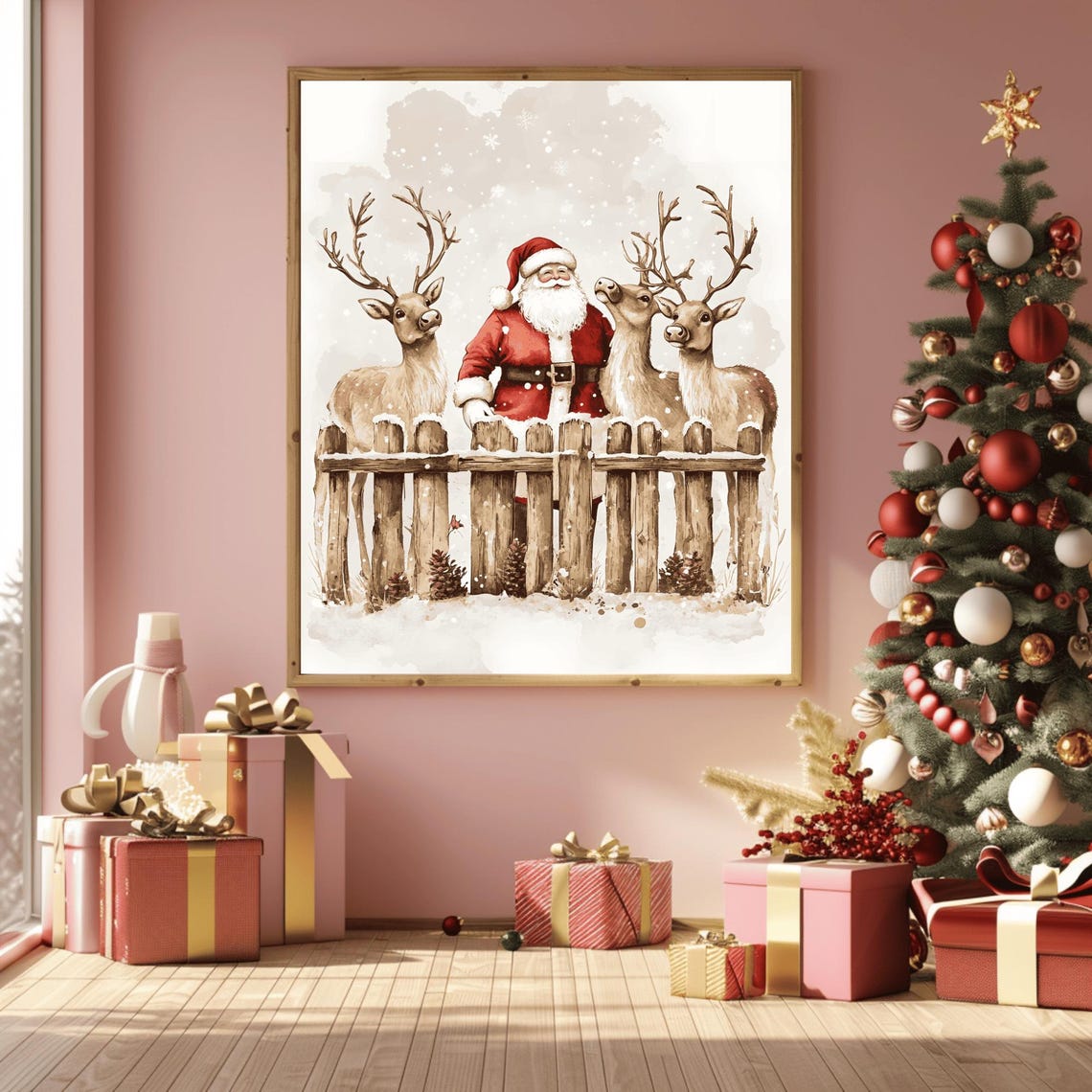 Gentle Santa Behind a Snowy Fence with Three Reindeer Art Print - Image 3
