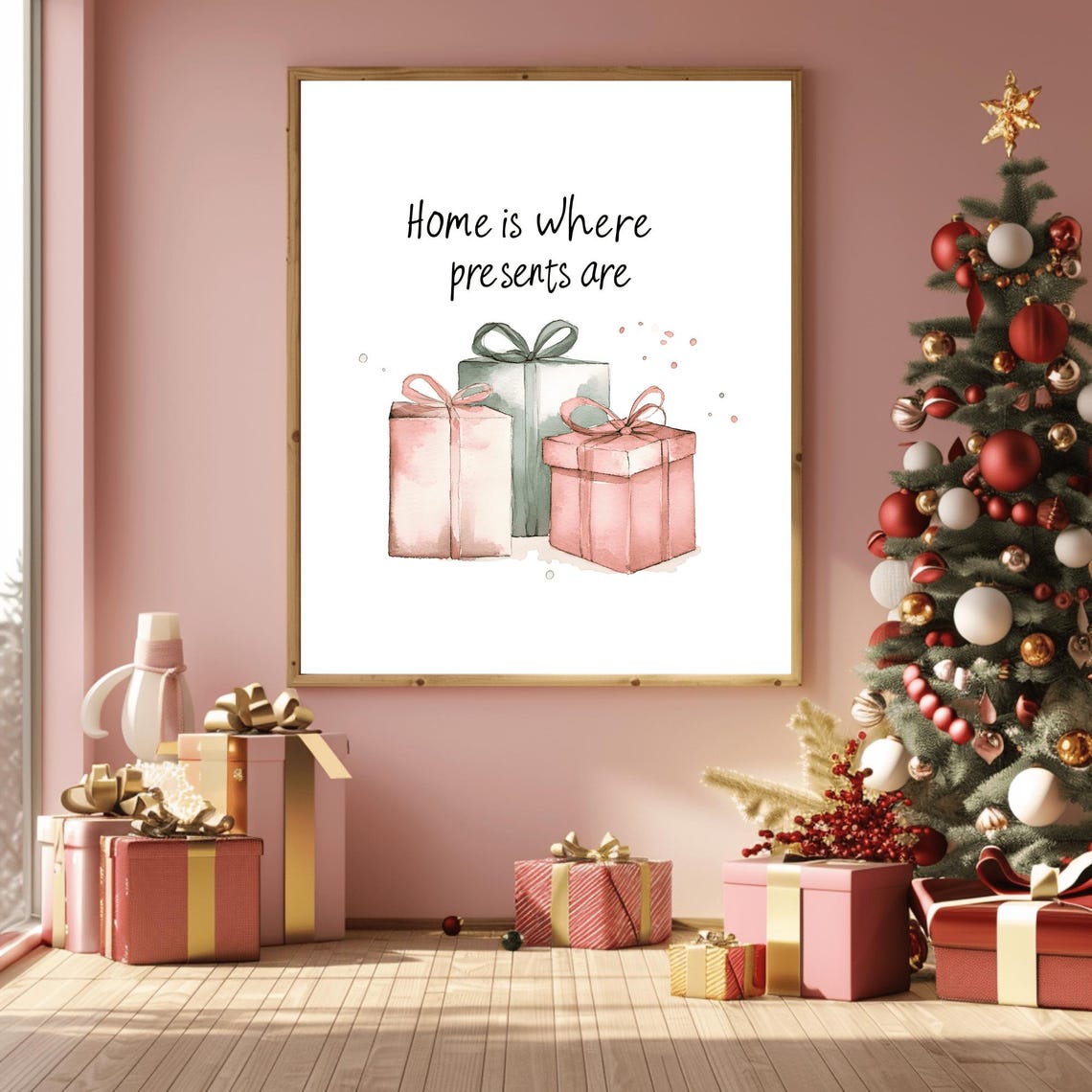 Home Is Where Presents Are Watercolor Gift Boxes Quote Poster - Image 3