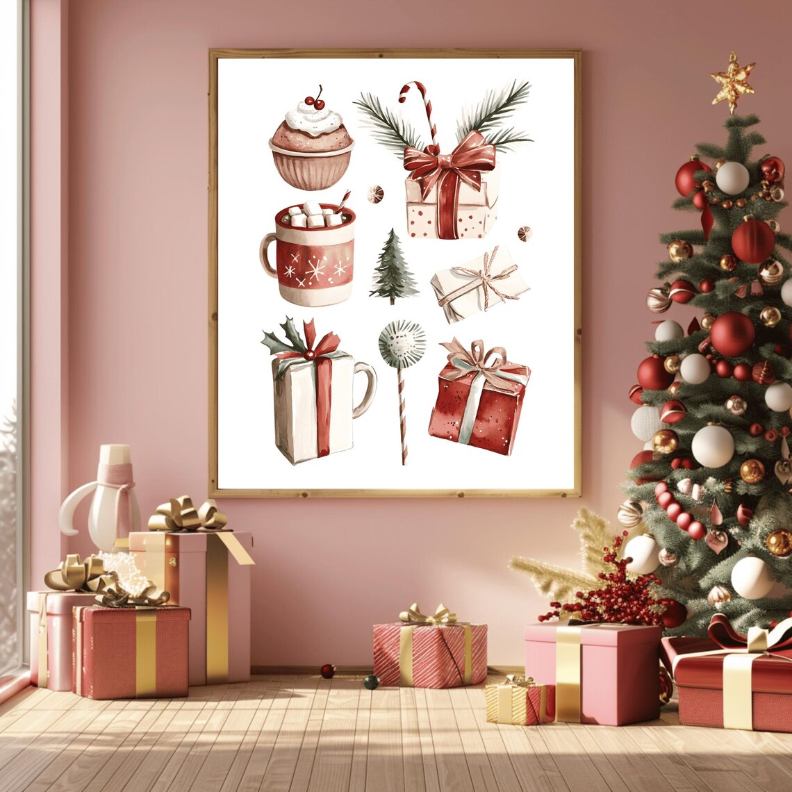 Charming Watercolor Christmas Cocoa Mugs Gifts and Candy Canes Art Print - Image 3