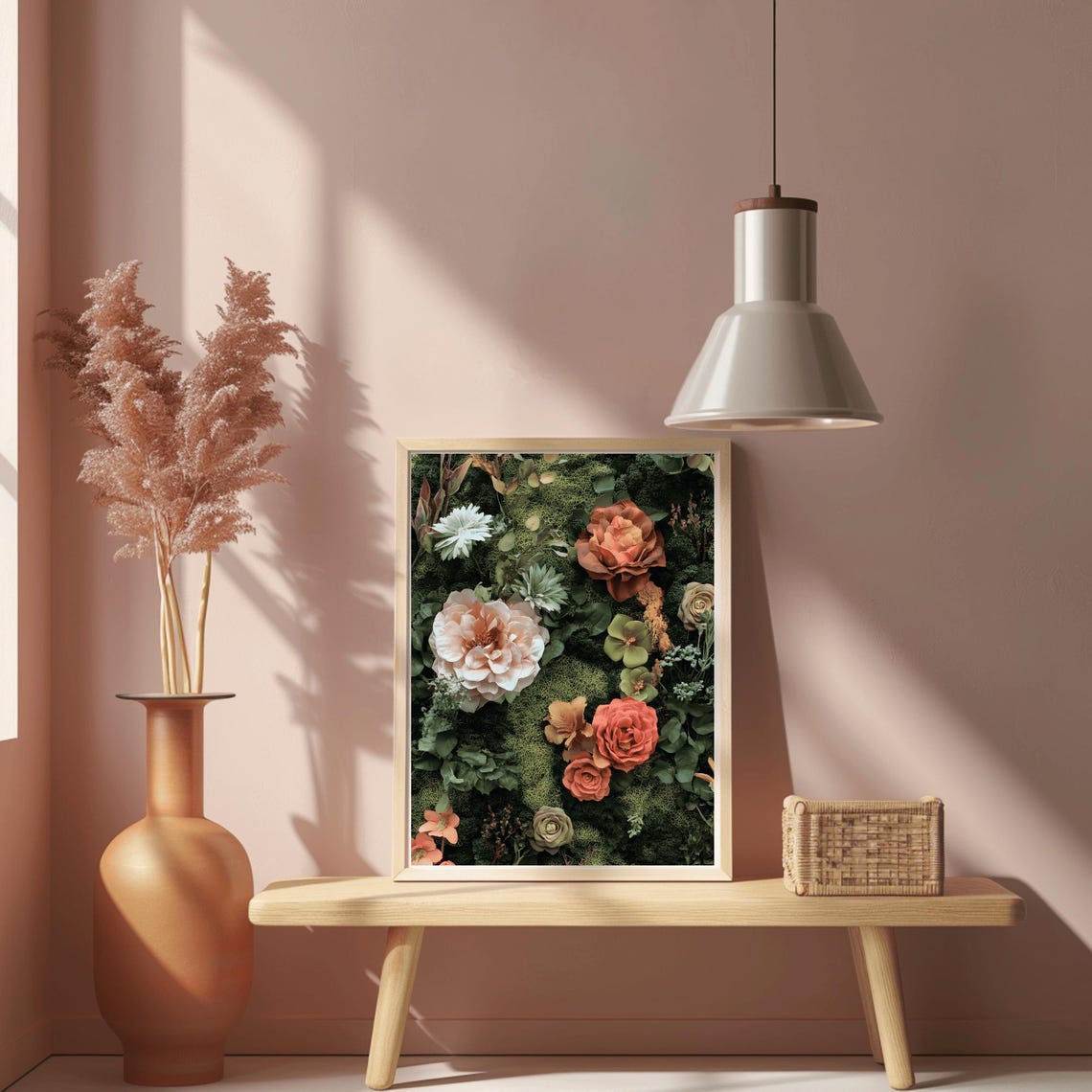 Dense Coral and Blush Floral Arrangement on Dark Moss Wall Poster - Image 2