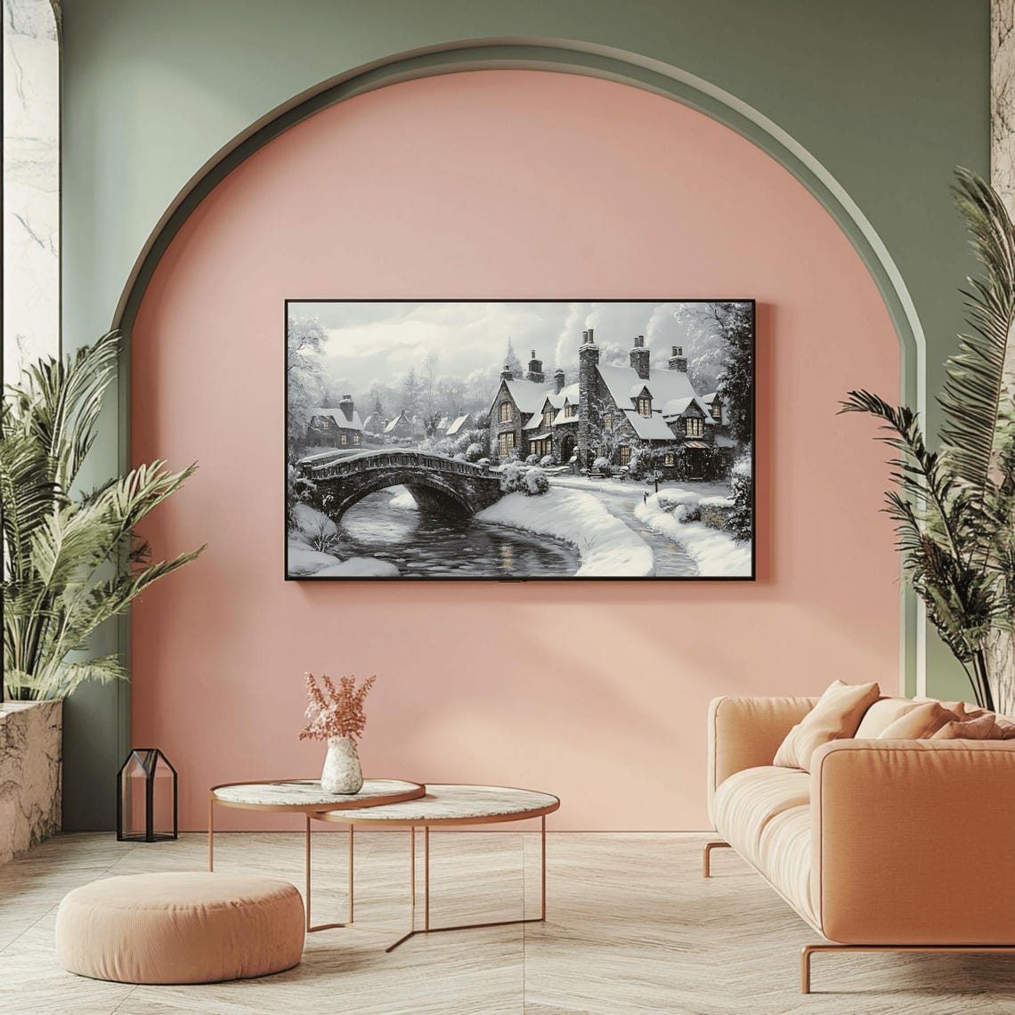 Snowy Stone Cottage Village With Arched Bridge Winter Poster - Image 2