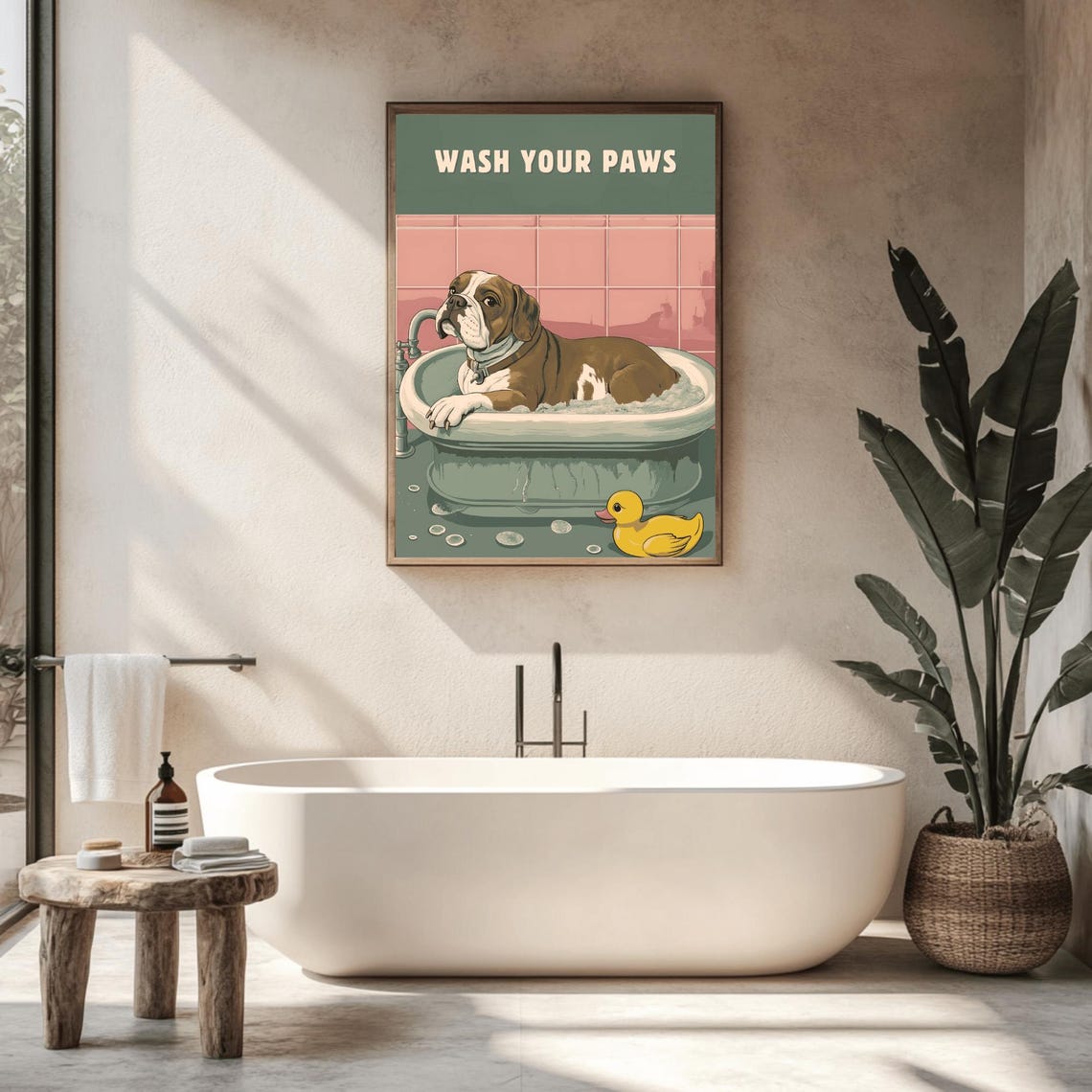 Wash Your Paws Bulldog in a Bathtub Funny Bathroom Dog Poster - Image 2