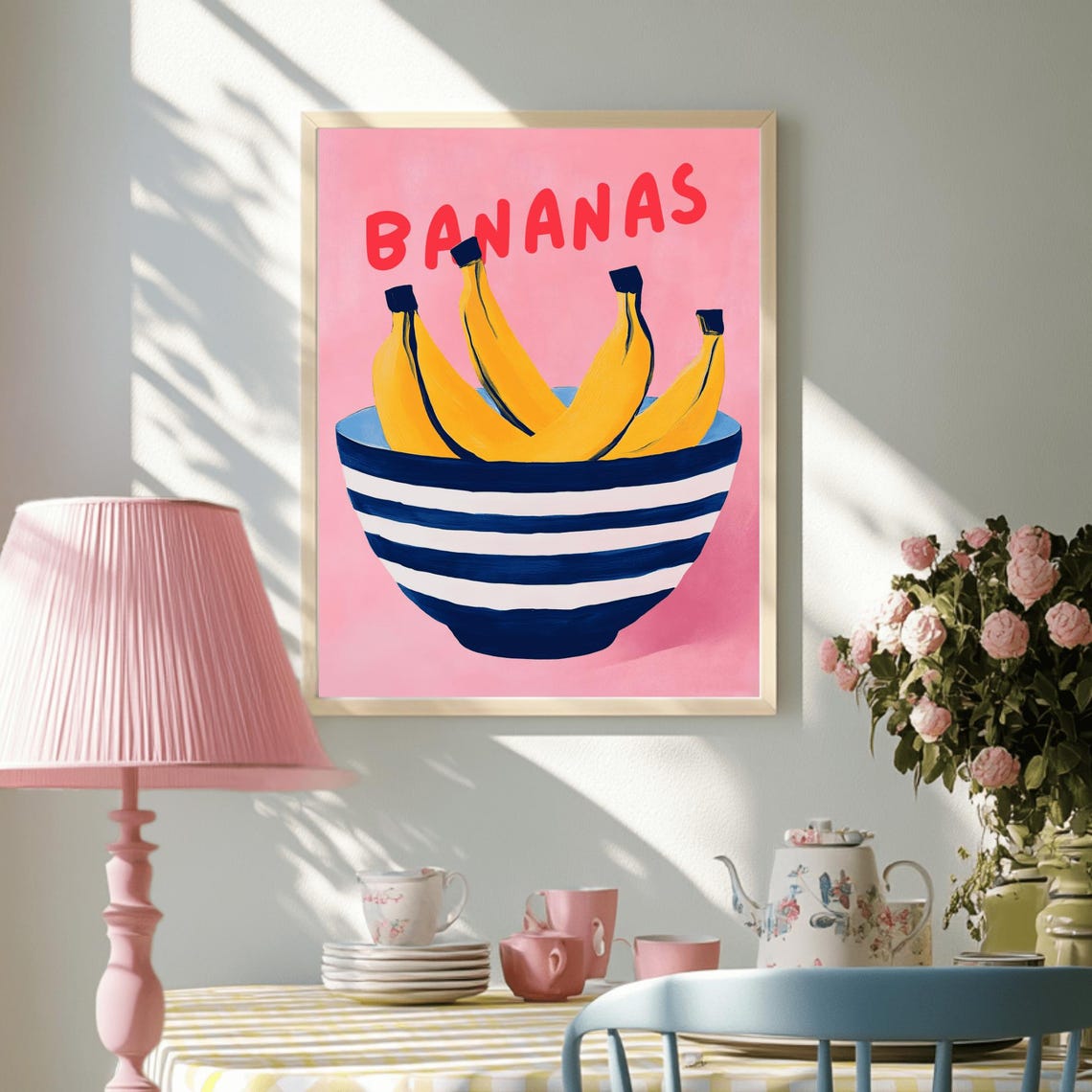 Yellow Bananas in Striped Bowl on Pink Mid Century Kitchen Poster - Image 3