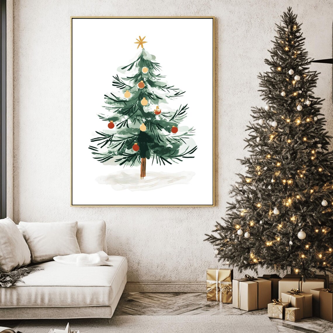 Loose Watercolor Christmas Tree with Red Baubles and Gold Star Art Print - Image 2