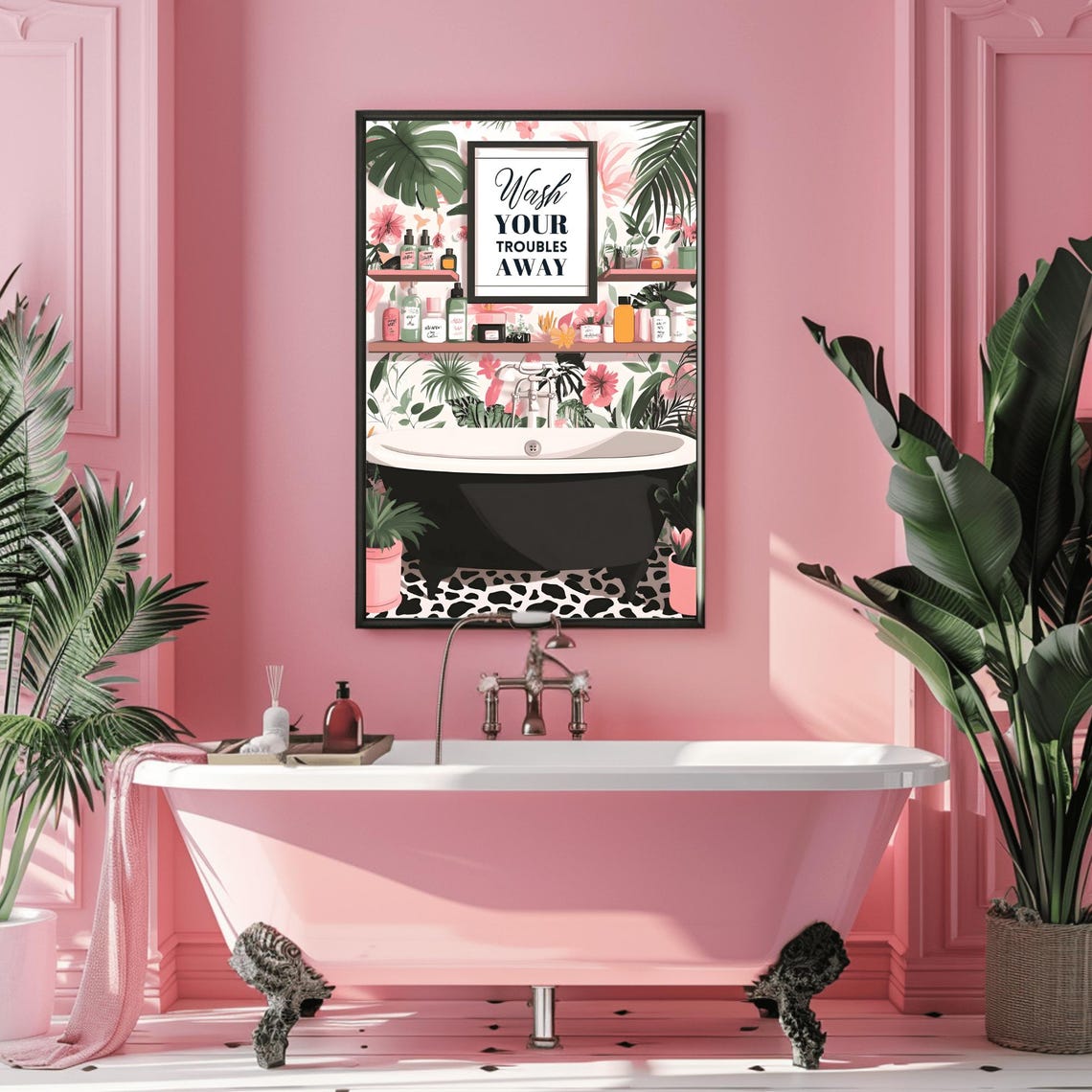 Wash Your Troubles Away Botanical Bathroom Black Tub Art Poster - Image 3