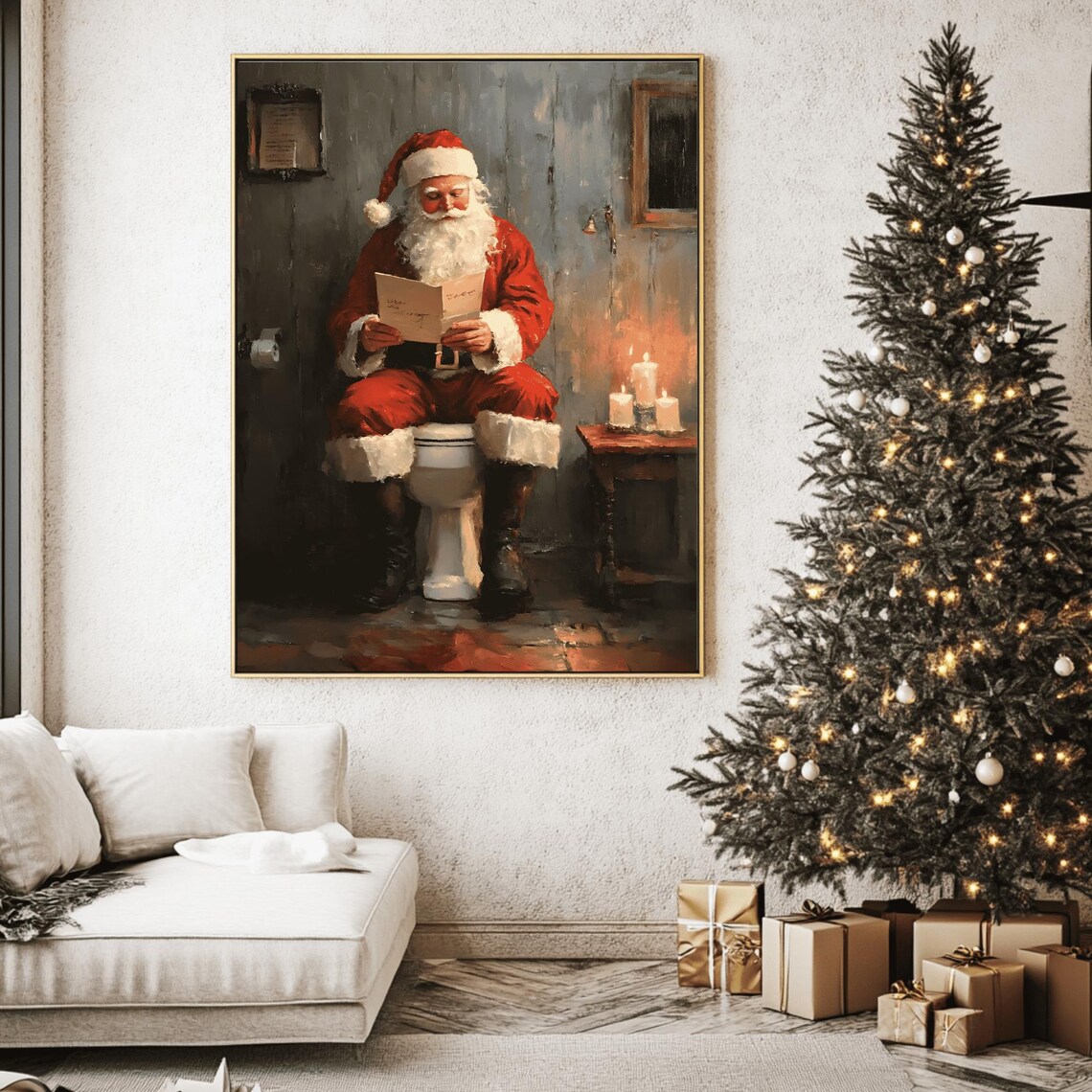 Funny Santa Claus Reading His Mail on the Toilet Vintage Bathroom Poster - Image 2