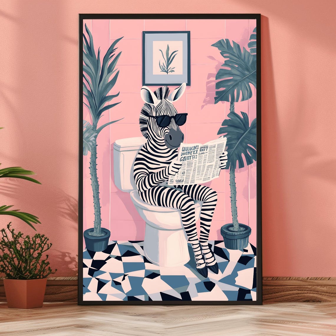 Zebra With Sunglasses Reading Newspaper On Toilet Bathroom Poster - Image 2