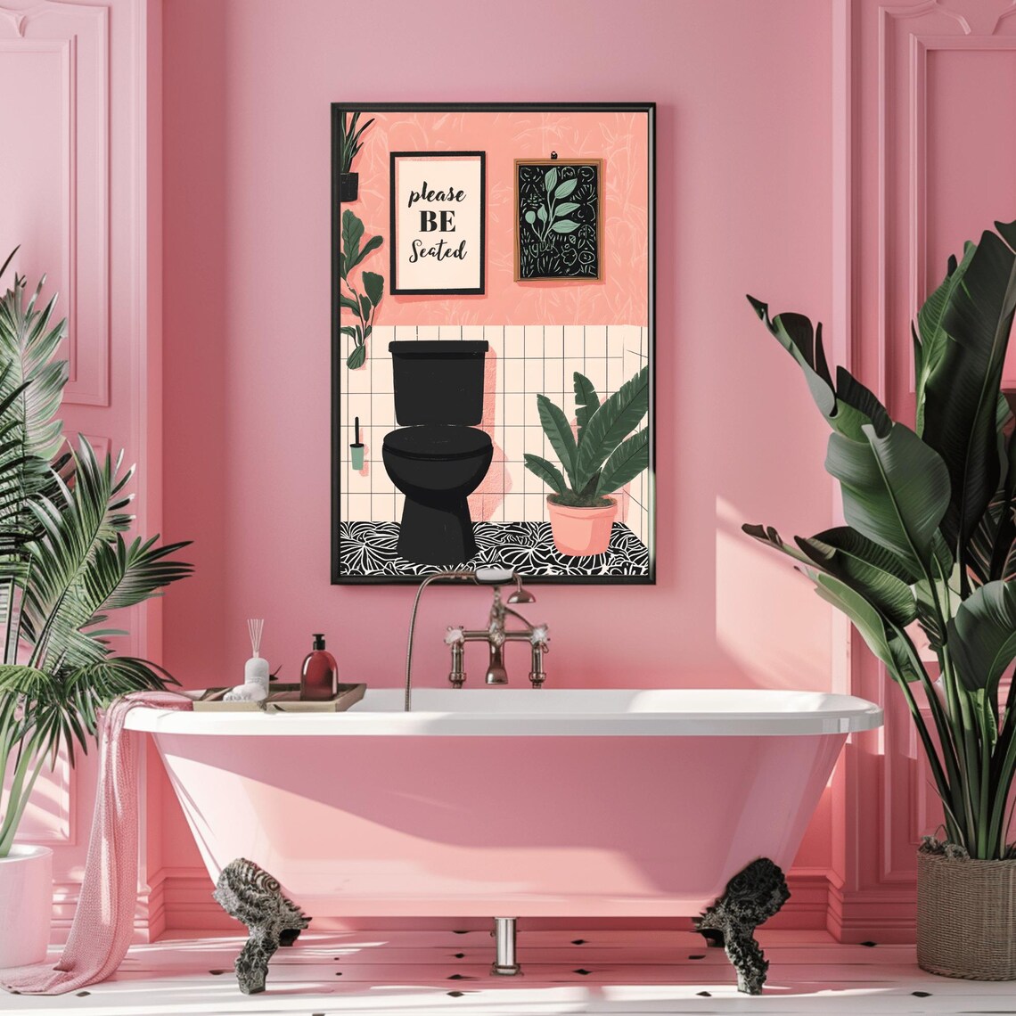 Please Be Seated Funny Black Toilet Botanical Bathroom Wall Poster - Image 3