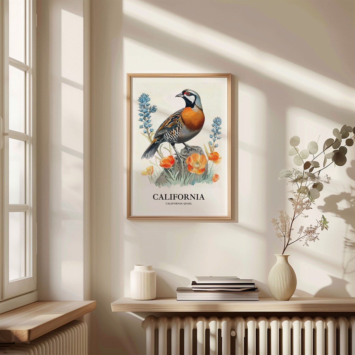 California Quail Poppy Field State Bird Watercolor Bird Art Poster - Image 3
