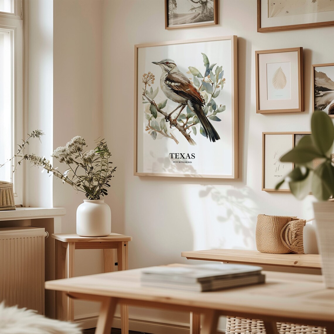 Texas Mockingbird State Bird Watercolor Songbird Branch Art Poster - Image 2