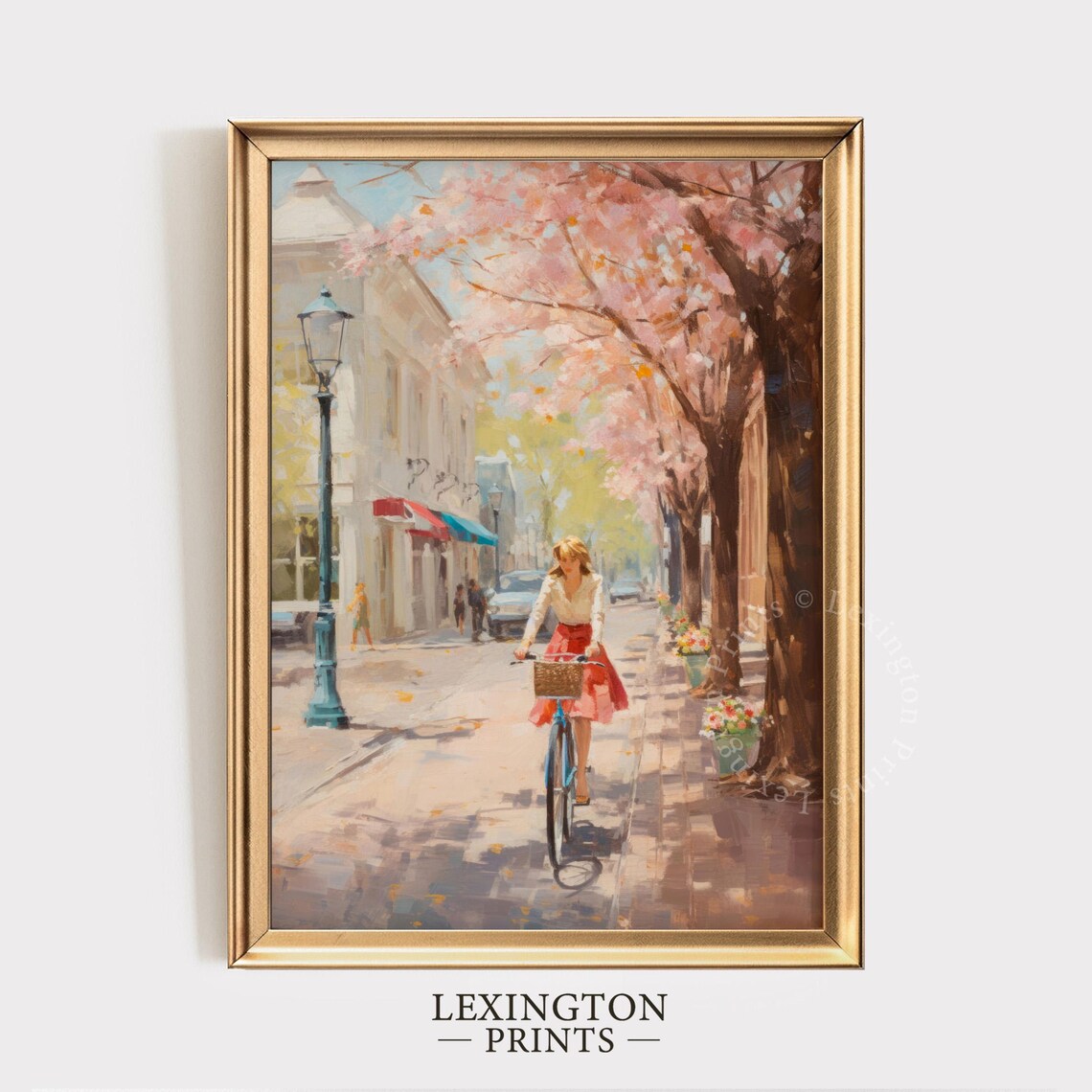 Woman Riding Bike Down Cherry Blossom Street Spring Town Wall Art - Image 6